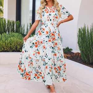 Floral Boho Design Short Sleeve Maxi Dress For Women