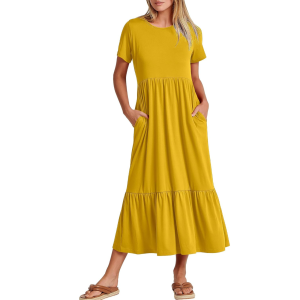 Casual Tiered Maxi T Shirt Dress With Pockets