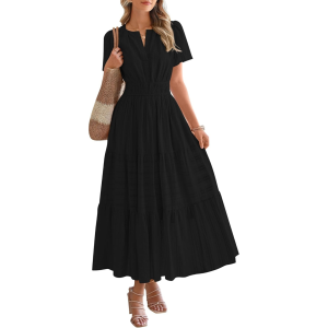 Womens Summer 2026 Casual Midi Maxi Dresses Lightweight Short Sleeve V Neck Elastic Waist Boho Beach Dress Pockets