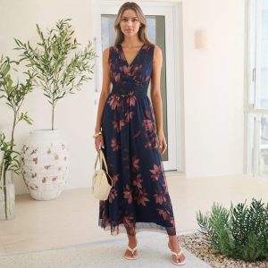 Summer Floral A Line Maxi Dress For Beach Vacation