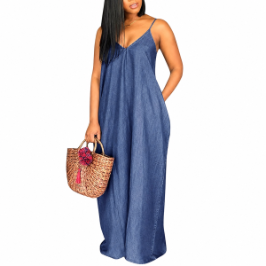 Denim Spaghetti Strap Maxi Dress For Women
