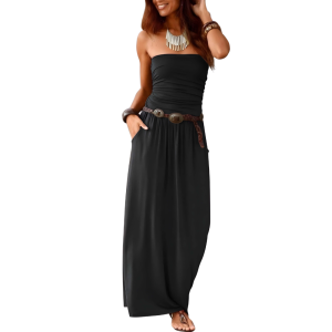 Strapless Bandeau Long Floral Maxi Dress With Pockets For Women