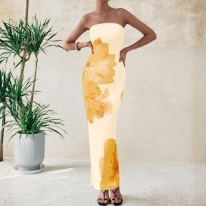 Summer Strapless Bodycon Floral Long Maxi Dress