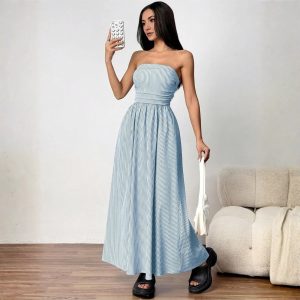 Striped Strapless Maxi Dress With Pockets