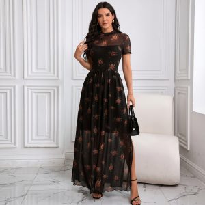 Mesh Short Sleeve Floral Print Maxi For Women