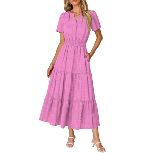 Casual Short Sleeve Midi Maxi Dress With Pockets For Women