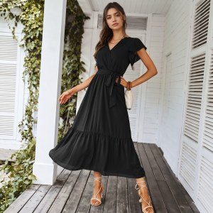 Short Sleeve Wrap Design Long Flowy Maxi Dress For Women