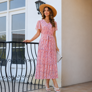 Spring And Summer Chiffon Button Front Maxi Dress With Pockets For Women