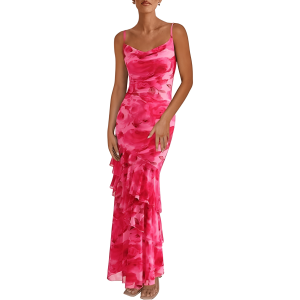Floral Design Long Maxi Dresses With Spaghetti Strap For Women