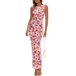Floral Sleeveless Bodycon Ruched Maxi Dress For Women