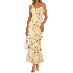 Floral Ruffle Spaghetti Strap Bodycon Maxi Dress Women