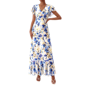 Floral Design Short Sleeve Flowy Long Maxi Dress For Women