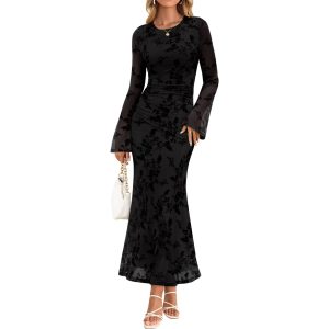 Long Sleeve Floral Bodycon Maxi Dress For Women
